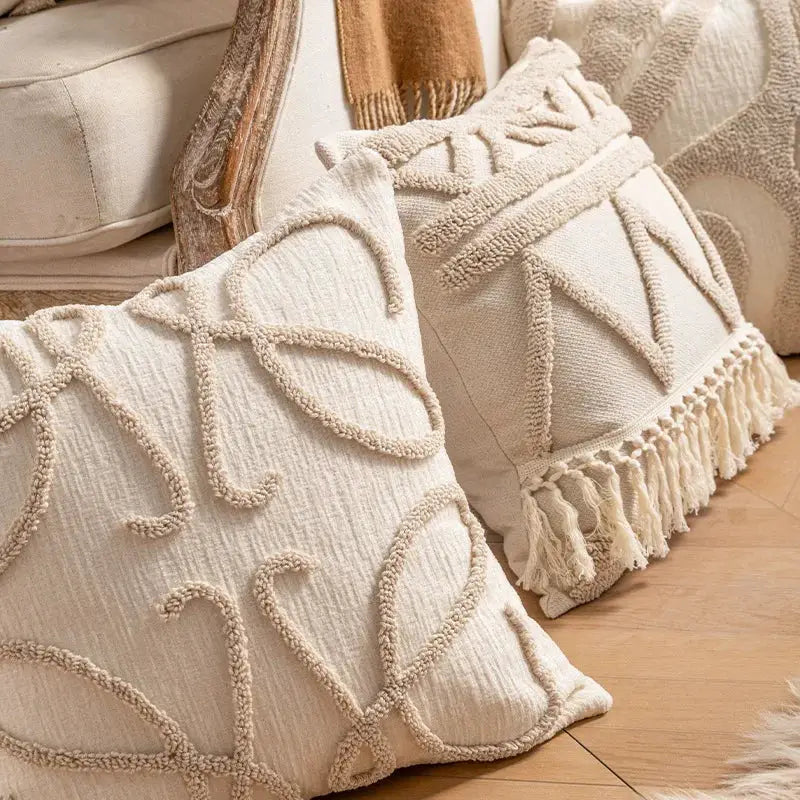 Pillow cover pair by Simples Market; beige bohemian textured fabric with fringe accents for modern sofa decor