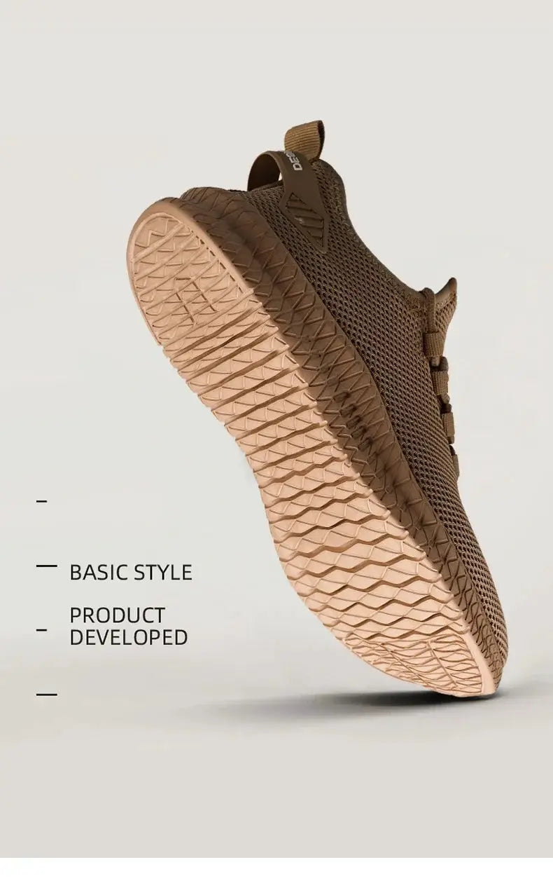 Men's knit lace-up sneakers by Simples Market in brown with breathable woven upper and tan sole.