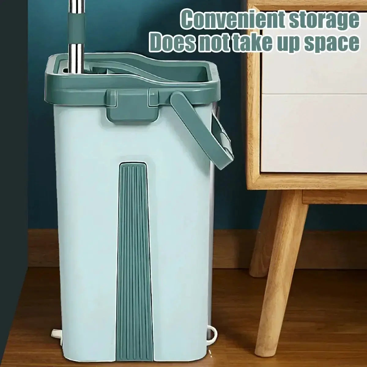Flat squeeze mop with bucket in teal and white; easy wring for wet or dry cleaning on hardwood and laminate floors