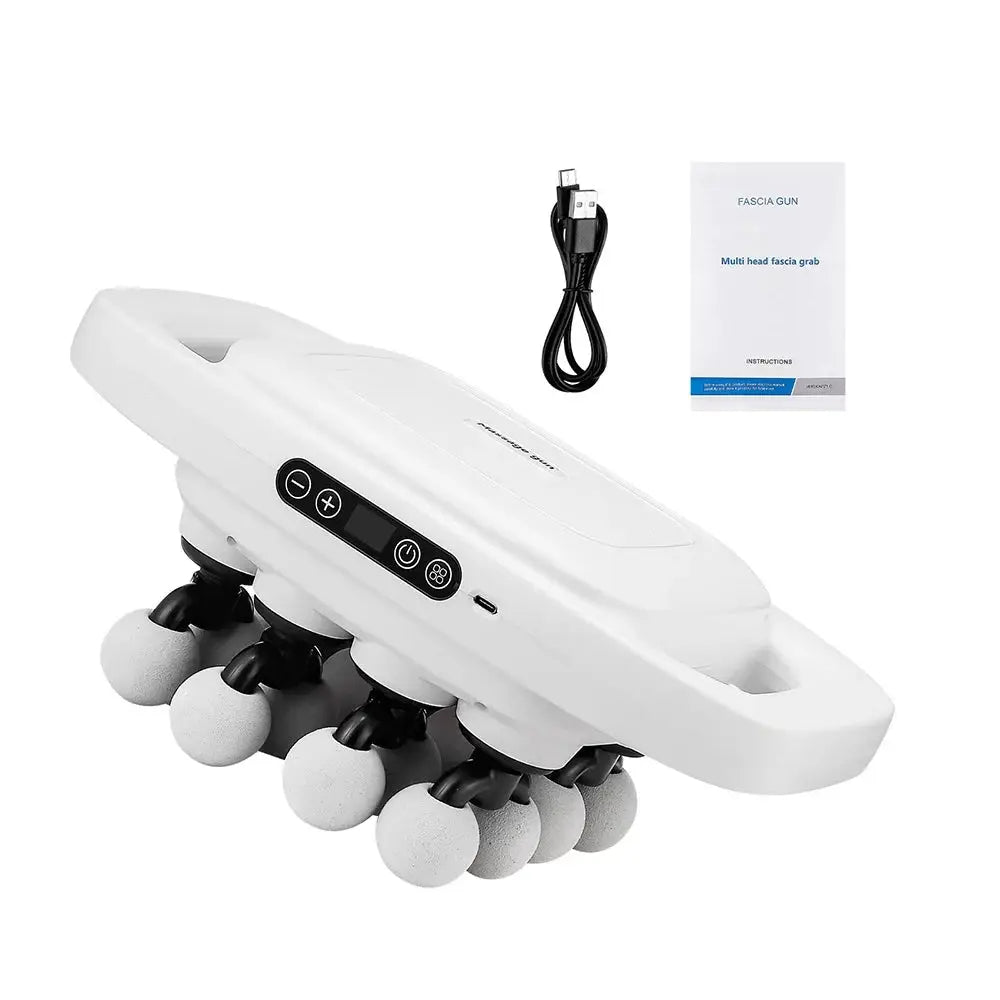 16-head fascia gun massage device in white with control panel and USB cable for back, waist, neck and shoulders massage