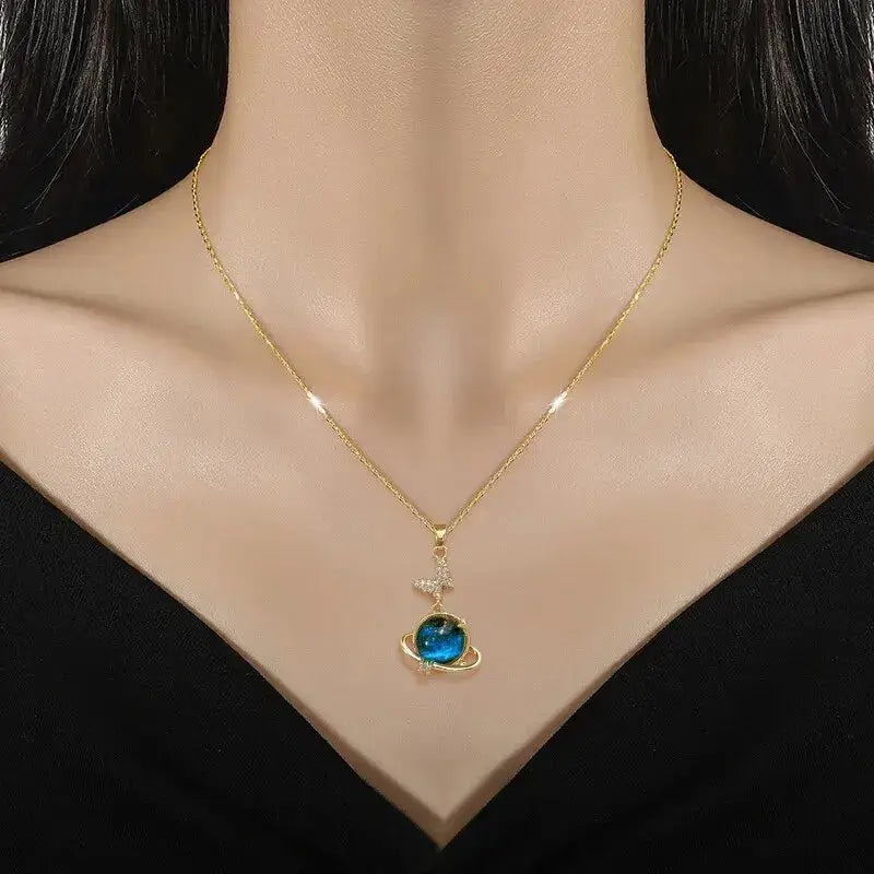 Light Luxury Titanium Steel Star Series Necklace For Women With Gold Planet Moon Astronaut Pendant Jewelry Gift