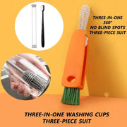 Simples Market 3-piece cleaning brush set: orange handle with green bristles for bottles, caps, and straws.