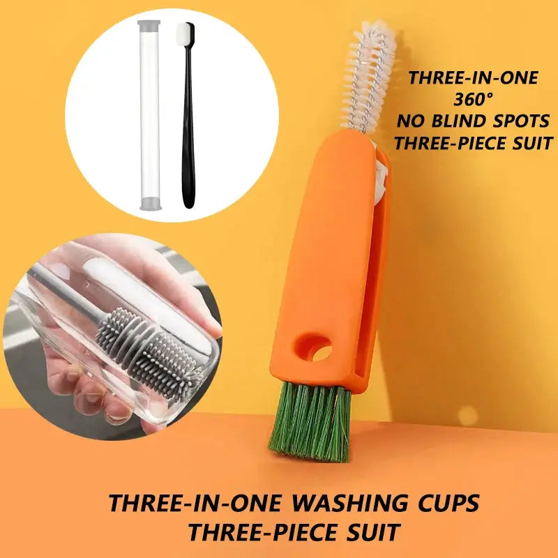 Simples Market 3-piece cleaning brush set: orange handle with green bristles for bottles, caps, and straws.