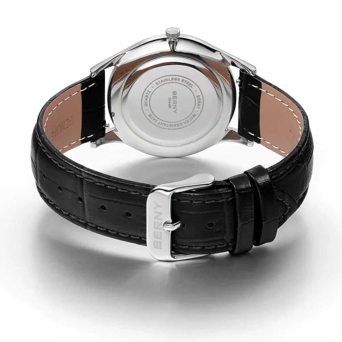 BERNY men's watch with black leather strap, silver stainless steel case, BERNY buckle