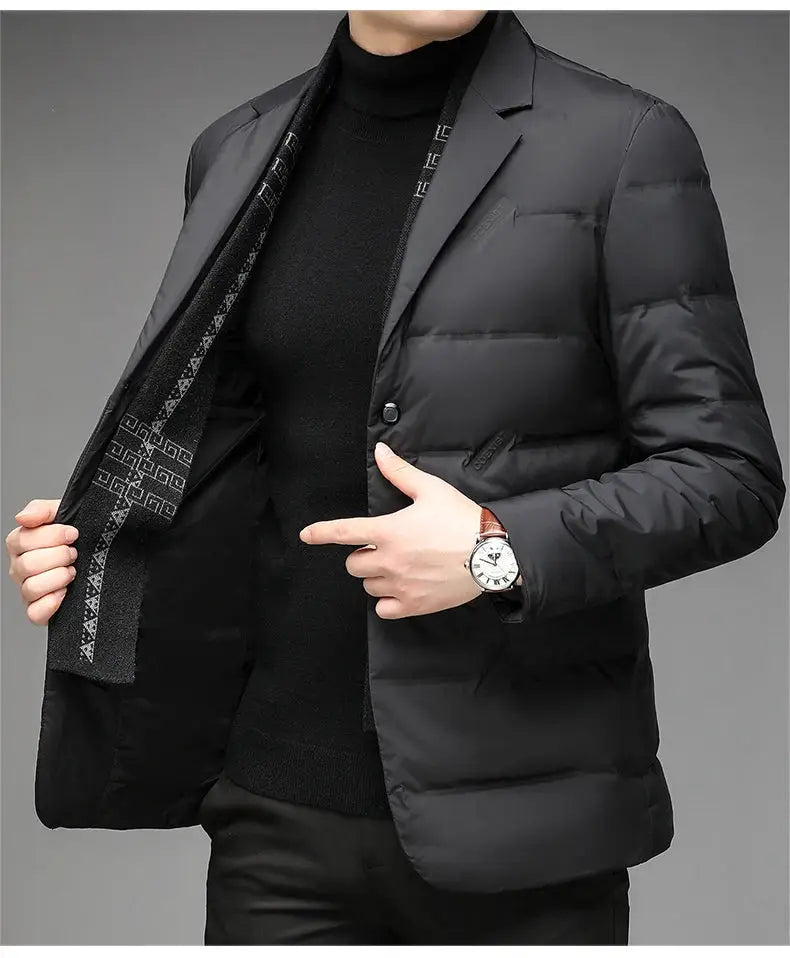 Men's black quilted down jacket with patterned inner lining, winter puffer coat