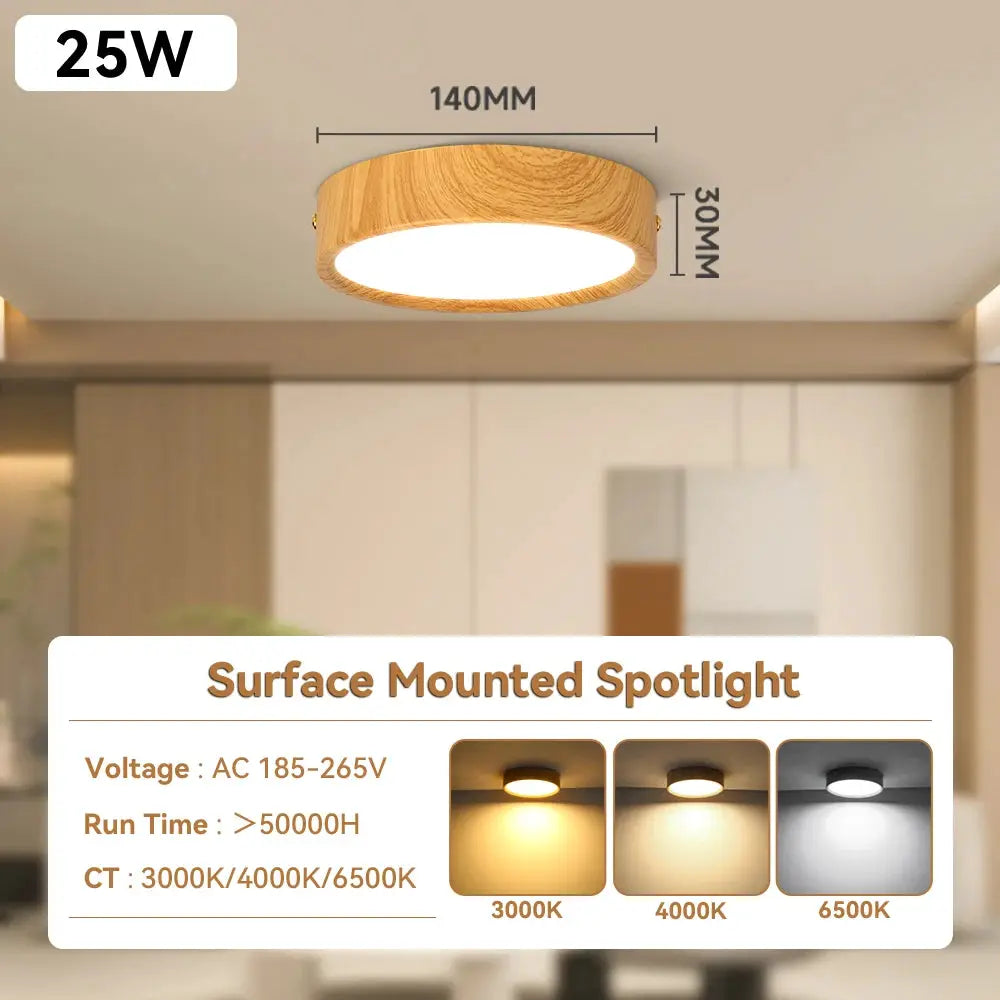 Wooden round GX53 downlight ceiling lamp, 25W, 140mm diameter, 30mm depth for indoor living spaces