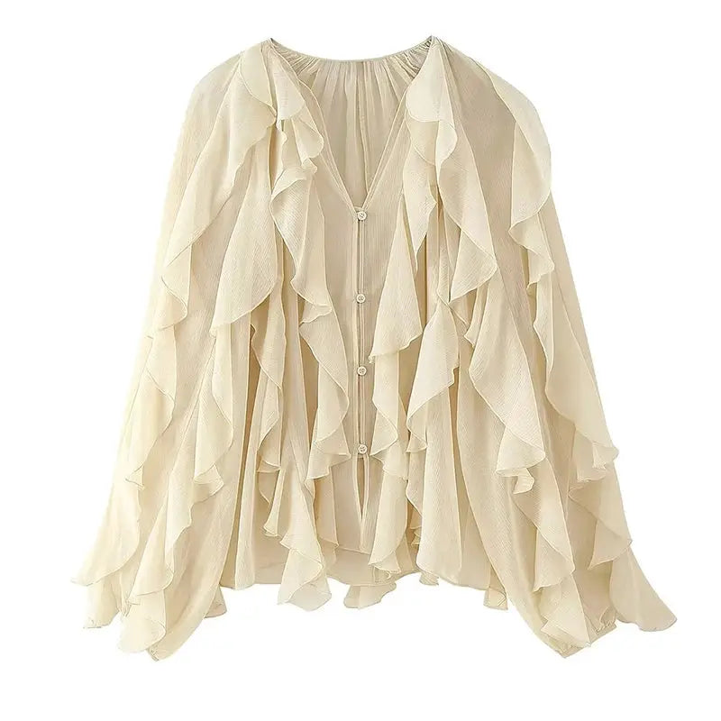 YENKYE women's semi-sheer ruffle blouse with long sleeves, V-neck and front buttons in cream color