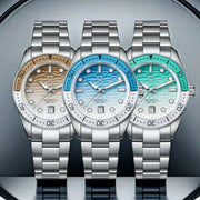 WISHDOIT men's automatic dive watches Simples Market; trio with blue, tan and teal ripple dials on steel bracelets