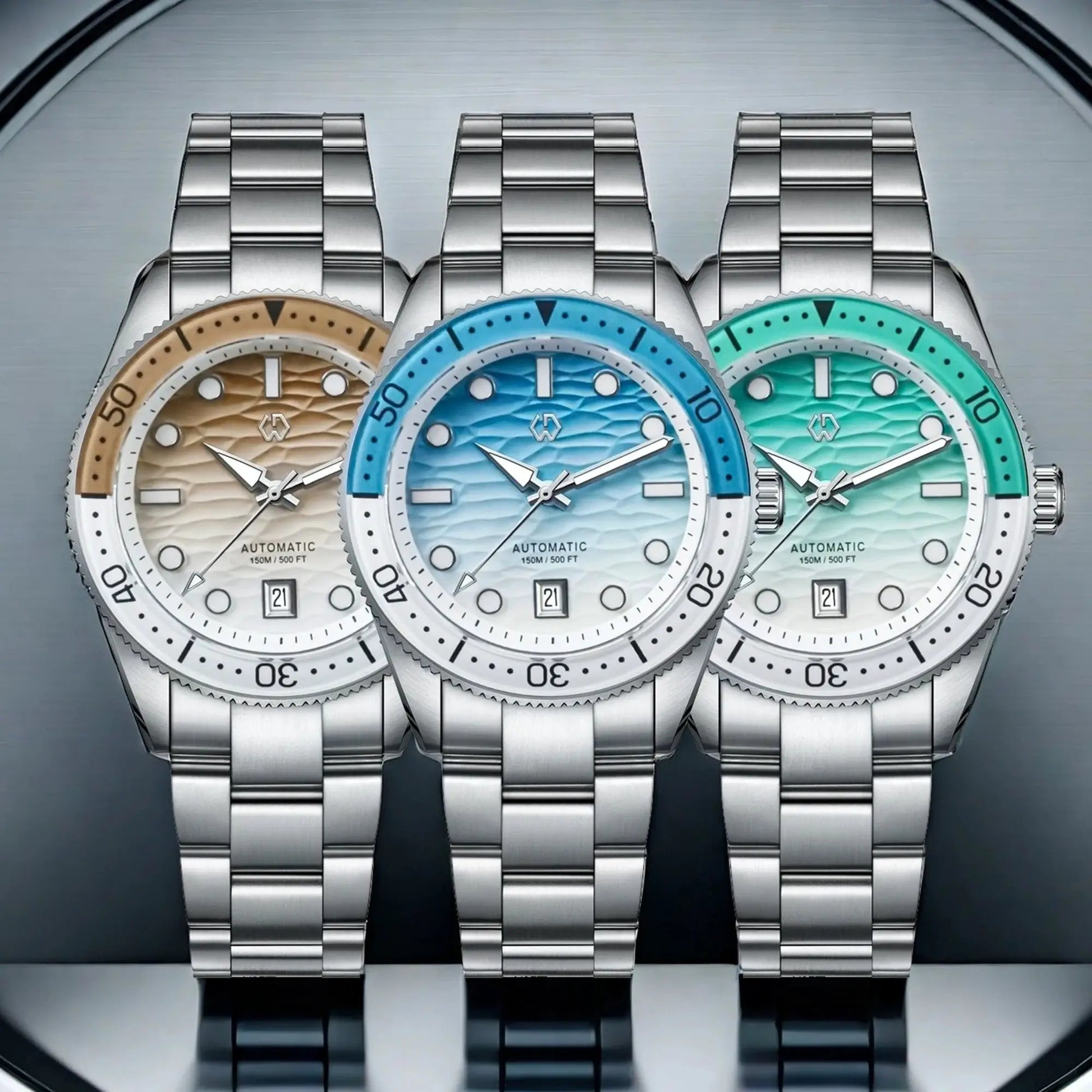 WISHDOIT men's automatic dive watches Simples Market; trio with blue, tan and teal ripple dials on steel bracelets