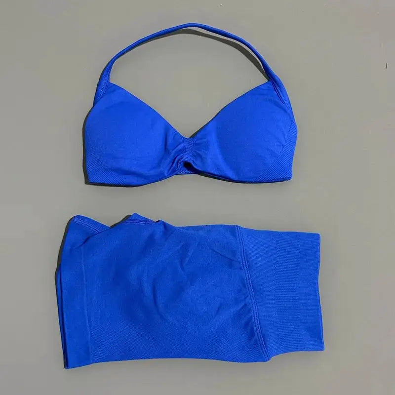 Histello 2 Piece Women Yoga Set Strappy Bra Top Scrunch Shorts