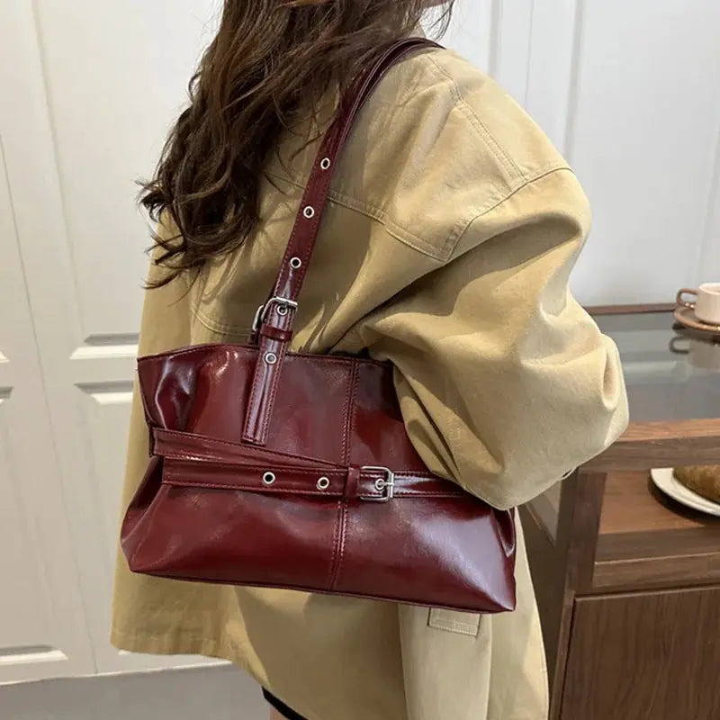 Handbag burgundy leather belt-buckle with shoulder strap, Korean style.