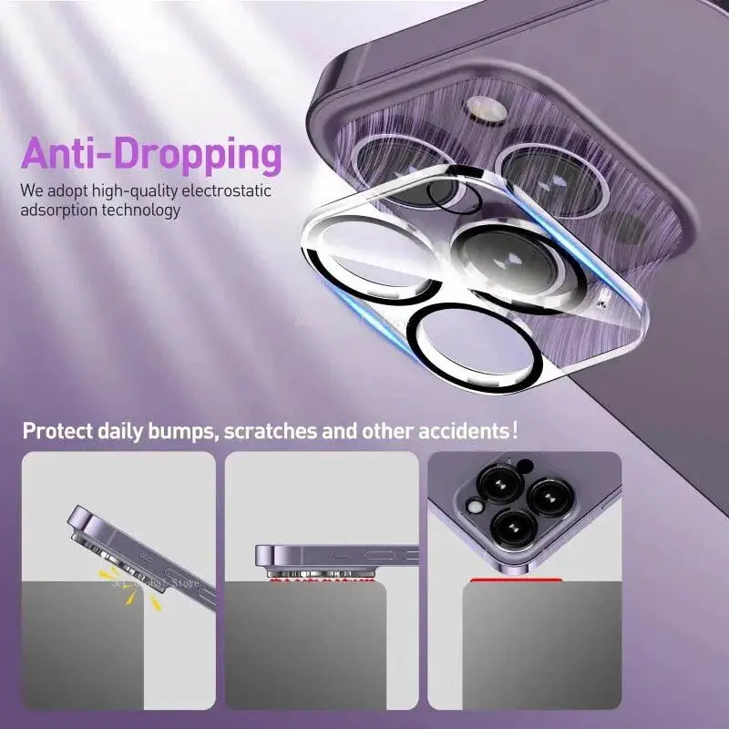 Camera lens protector for iPhone Pro and Pro Max models by Simples Market, clear tempered-glass, anti-drop