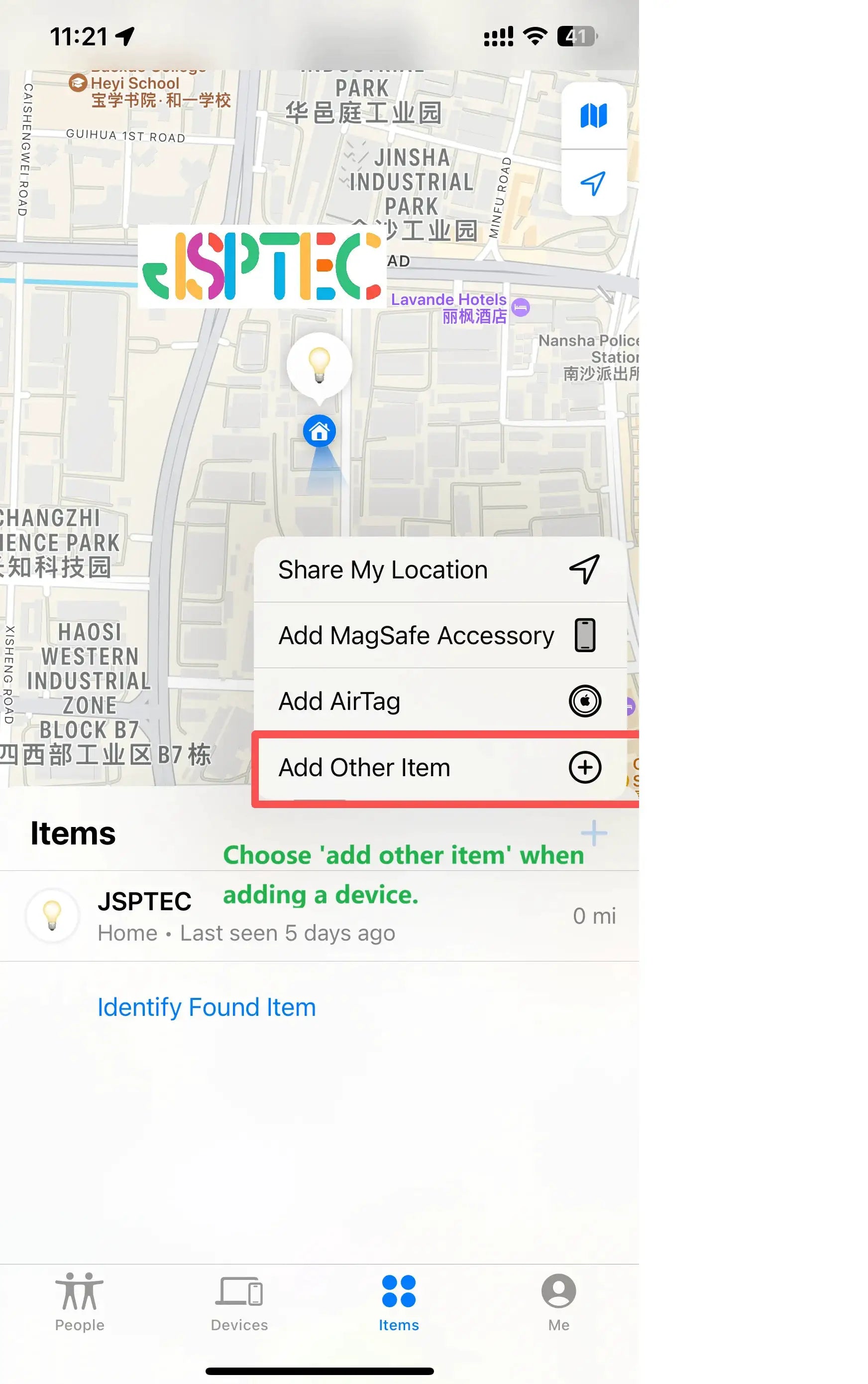 JSPTEC Airtag Bluetooth GPS Tracker by Simples Market shown on iOS Find My map with Add Other Item option
