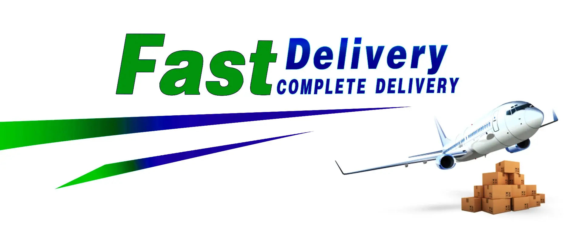 Fast Delivery banner featuring airplane, stacked cardboard boxes, and a green–blue swoosh; Simples Market branding.