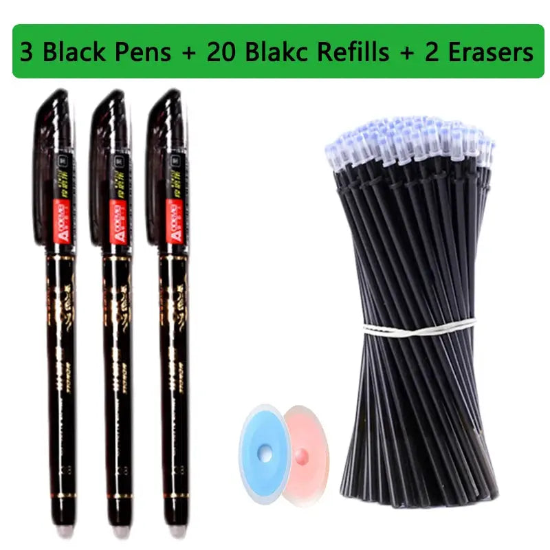 Simples Market 25-piece black erasable gel pen set with 3 pens, 20 refills and 2 erasers