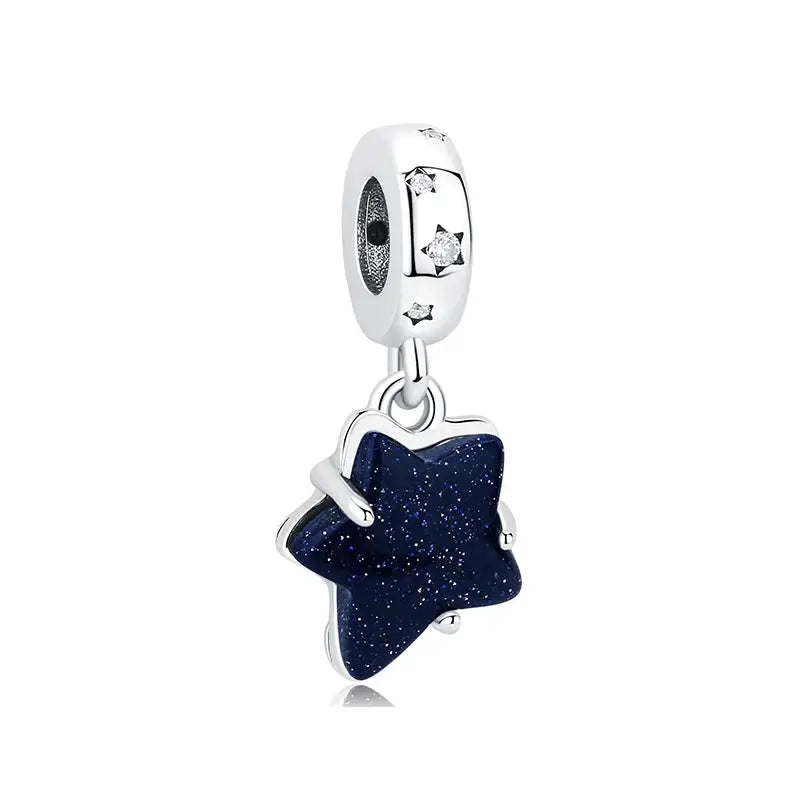 Sterling silver star charm with glittery navy blue star pendant for bracelets