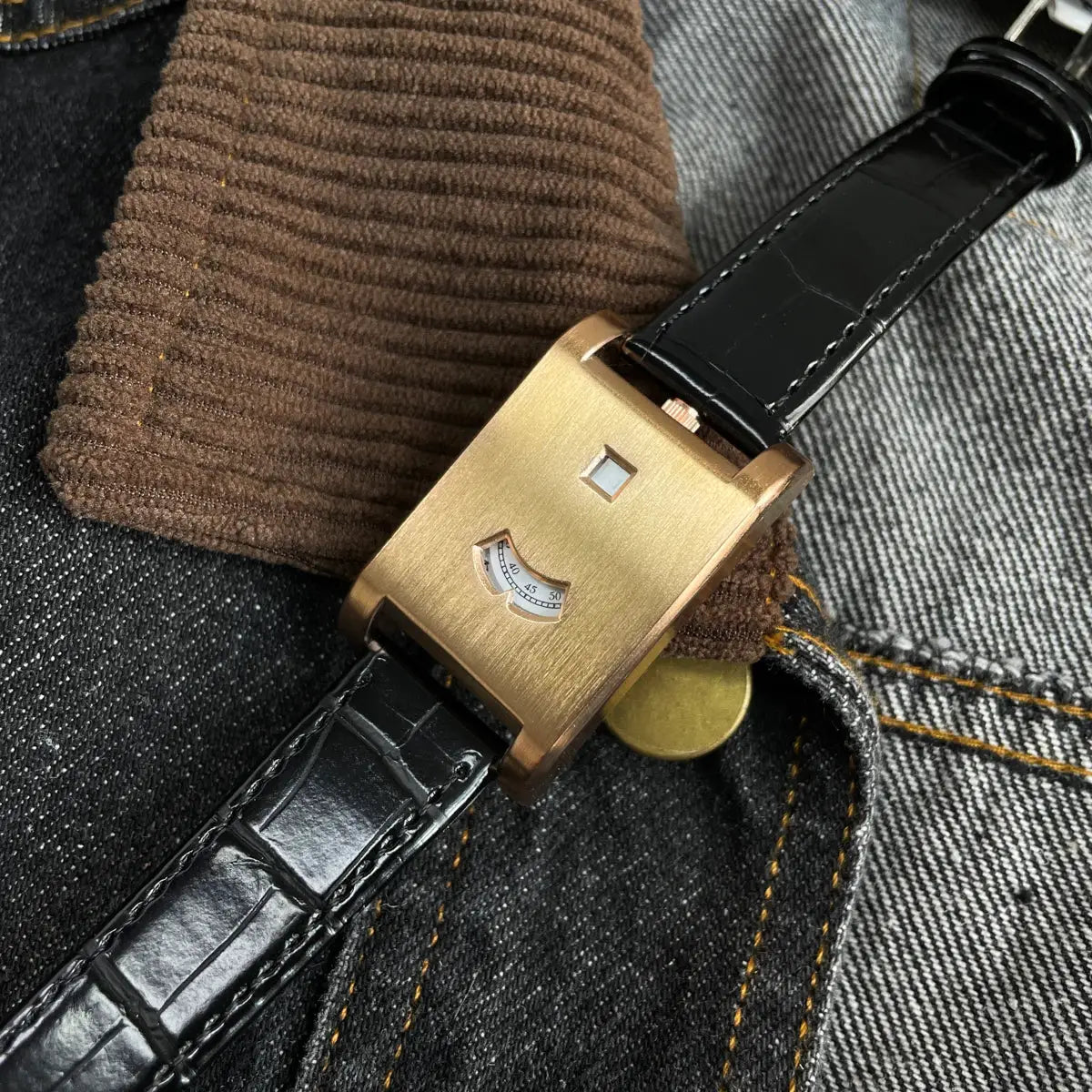 Square gold-tone men's quartz watch with black leather strap