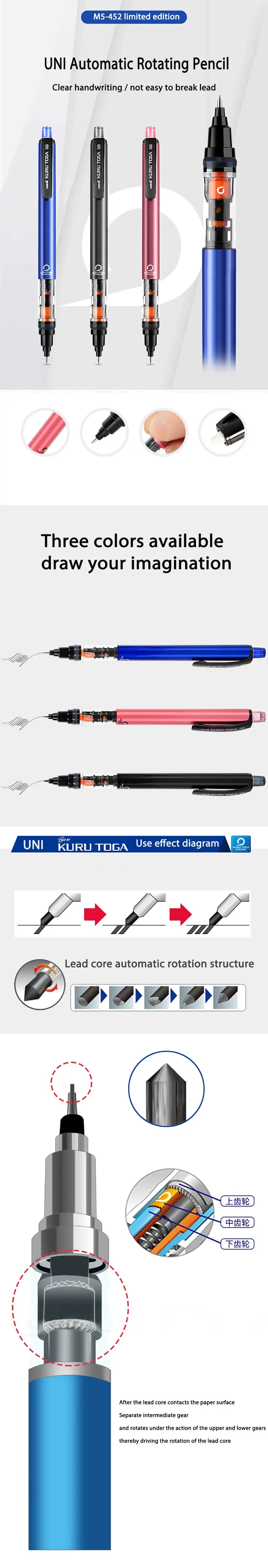 UNI KURUTOGA M5-452 automatic rotating mechanical pencil, 0.5mm lead, blue/gray/pink/black variants, Simples Market