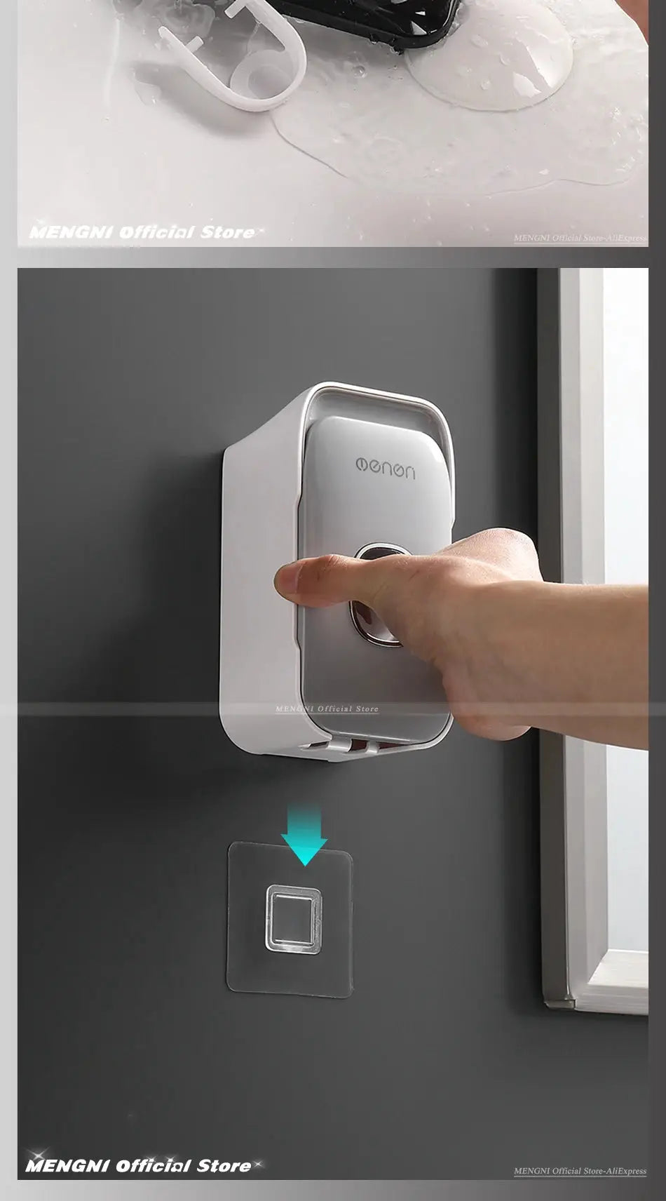 MENGNI toothpaste dispenser wall-mounted with punch-free toothbrush holder; white and gray plastic.