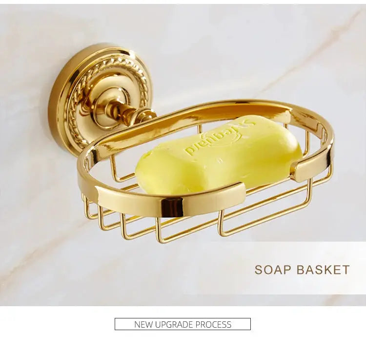 Soap basket by Simples Market in gold brass finish, wall-mounted bathroom accessory