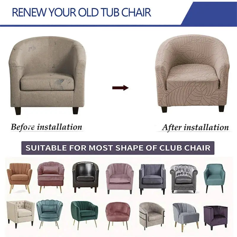 Elastic club chair cover by Simples Market in beige leaf jacquard; single-armchair slipcover for living rooms