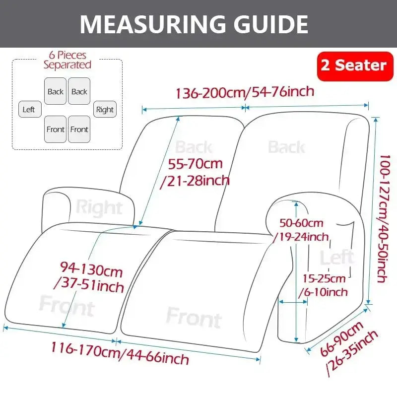 Elastic recliner sofa cover for 2-seater with printed slipcover; living room sofa protector measuring guide diagram