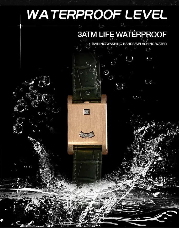 CILOA square men’s tank watch by Simples Market with rose-gold case and green crocodile-leather strap
