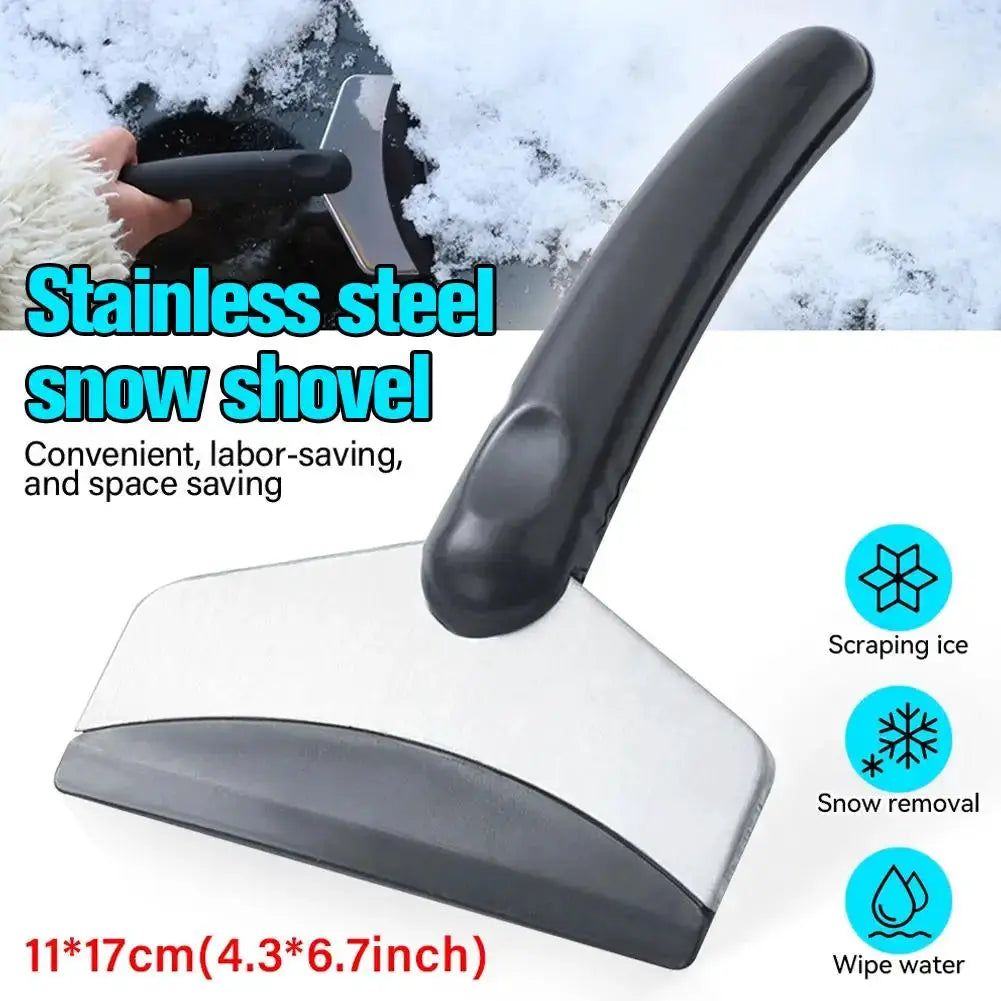 Stainless steel car snow shovel with black handle and ice scraper, 11x17 cm