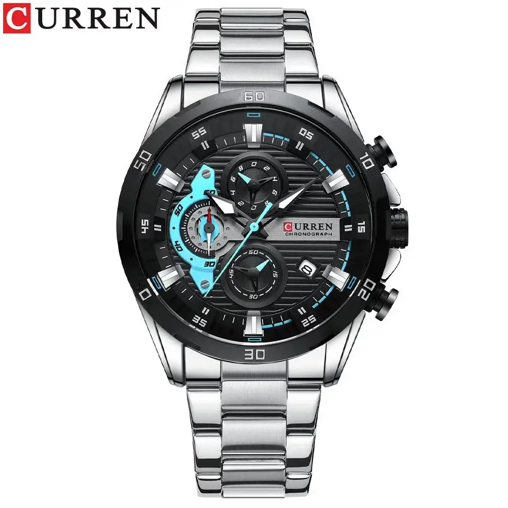 Curren 8402 stainless steel men's chronograph wristwatch with luminous blue dial