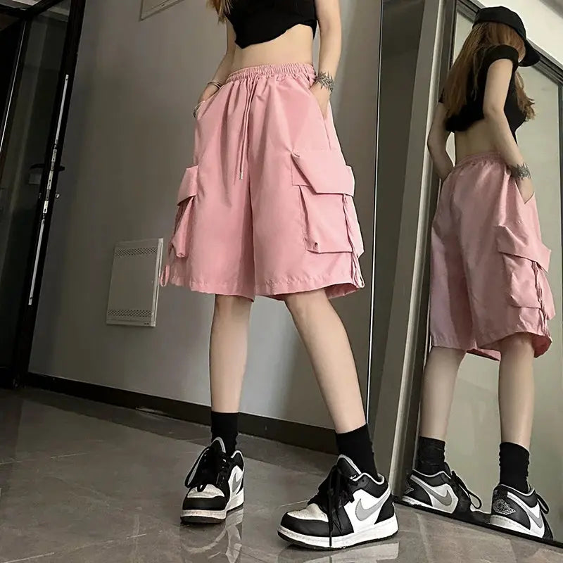 ZOKI pink high-waist cargo shorts with large pockets