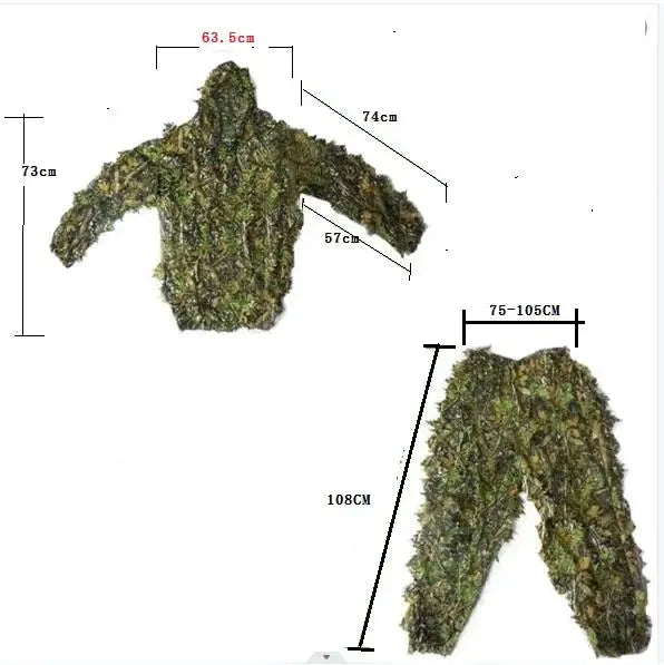 Simples Market ghillie suit set: camouflage hooded jacket and matching pants with leaf pattern.