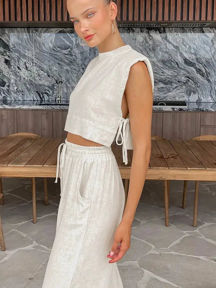 Linen Two Piece Pant Set With Crop Top For Women Spring Summer 2025