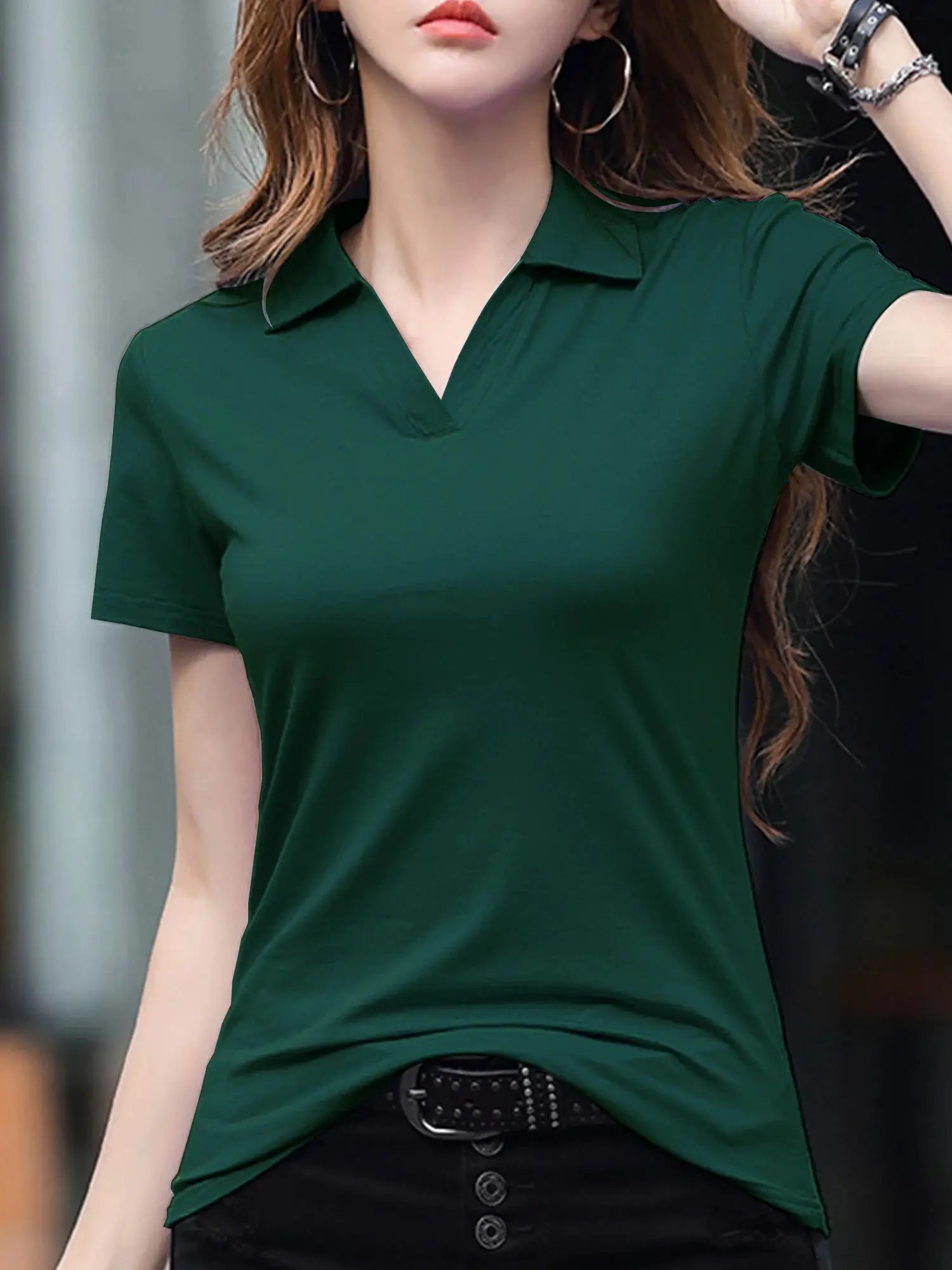 Women Basic Solid Color Short Sleeve Polo Shirt Knitted Summer Top