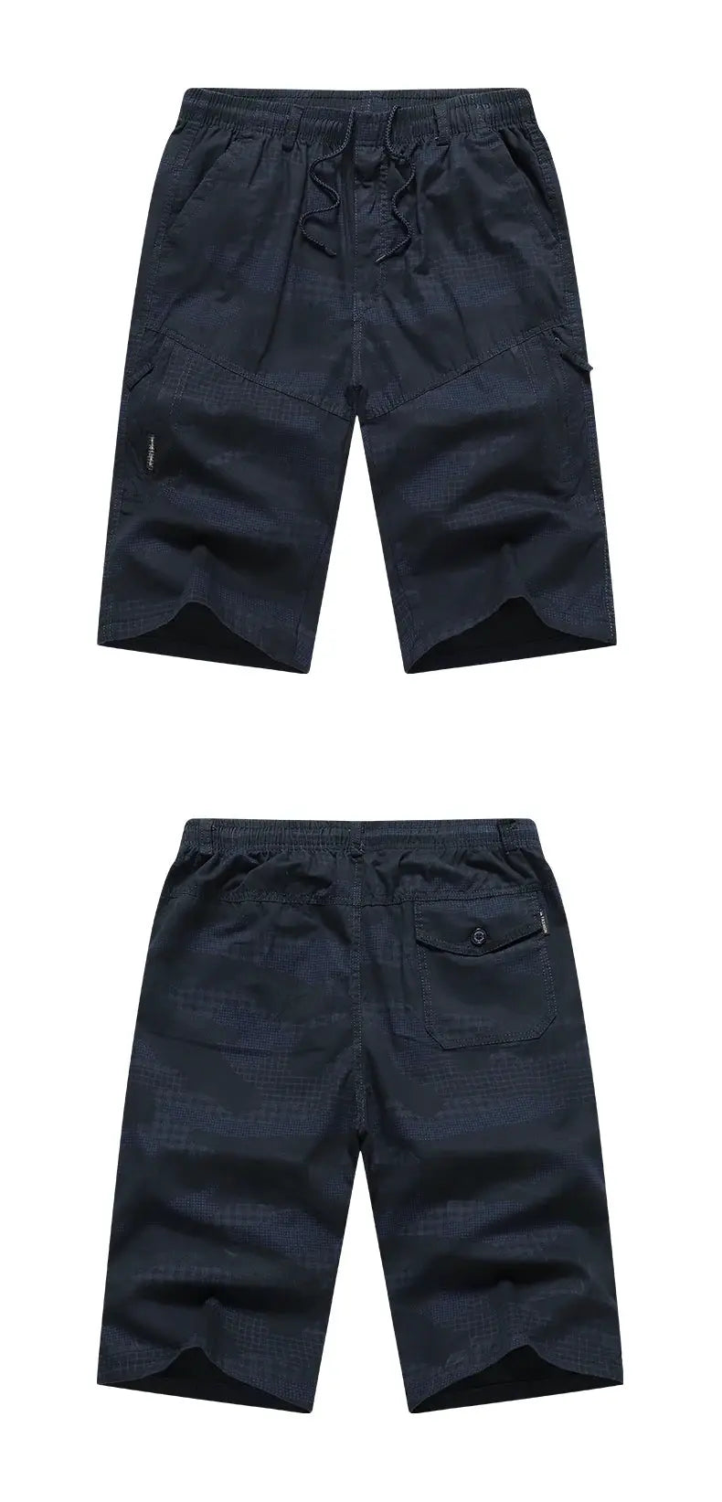 Men's knee-length navy cotton shorts with drawstring waist and zip pockets
