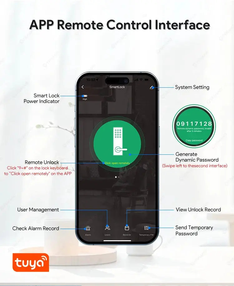 Fingerprint smart door lock app UI on a smartphone with Tuya logo; remote unlock and settings visible