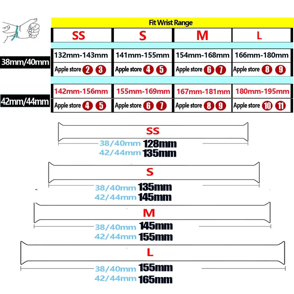 Apple Watch band by Simples Market; braided Solo Loop strap sizing chart for 38/40mm and 42/44mm cases