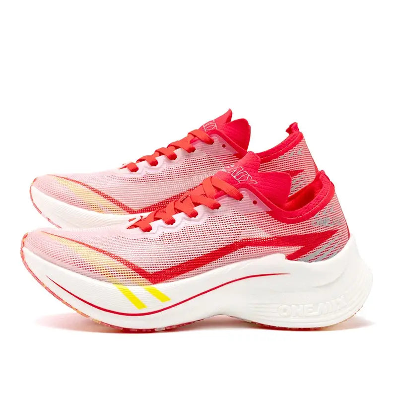 ONEMIX running shoes pair in pink mesh with white thick platform sole and red laces