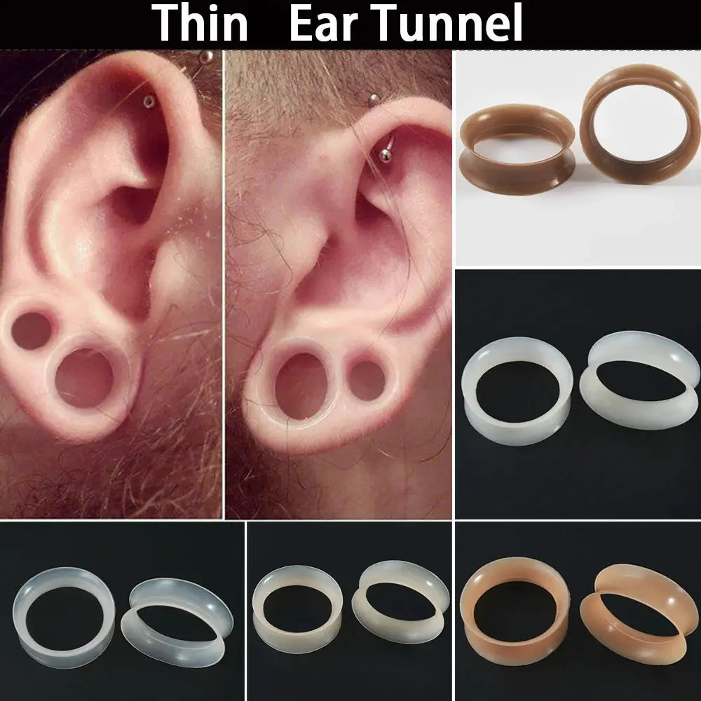 Simples Market pair of skin-toned thin soft flexible silicone ear tunnels with double flare, flesh tunnel gauges
