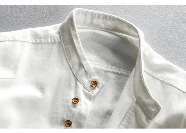 Men's white linen-cotton shirt with stand collar, long sleeves, brown buttons