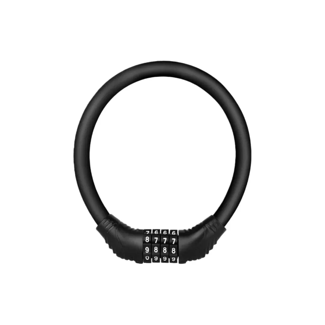 Bicycle helmet lock with black circular steel wire and numbered combination dials