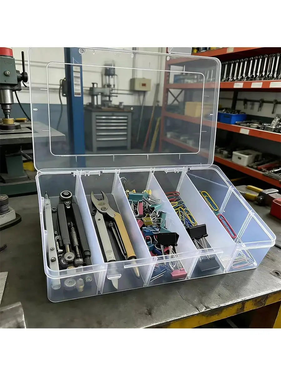 Transparent 5-compartment tool organizer box with lid for screws and small hardware.