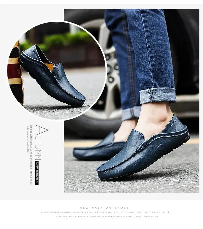 Simples Market men's navy blue genuine leather loafers; casual slip-on moccasins for everyday wear, city-ready
