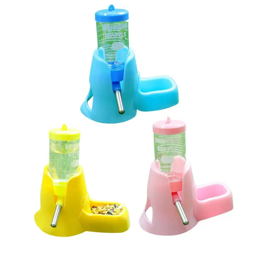 Hamster water feeder with food bowl and bottle, three-color set for small animals in blue, yellow and pink
