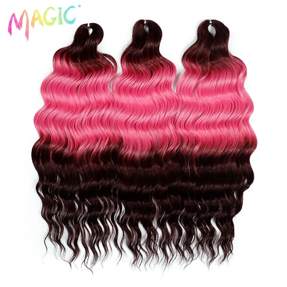 Anna synthetic crochet hair extensions, 24in water-wave, ombre pink to dark brown, 3 bundles