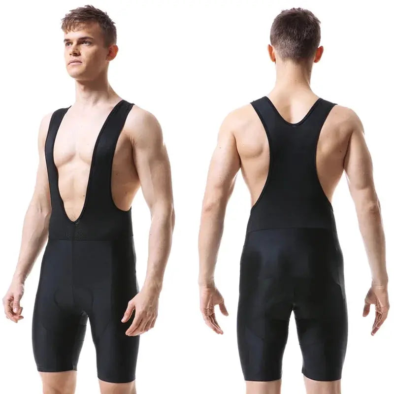 X-TIGER men's cycling bib shorts in black with Lycra and 5D Coolmax gel pad, front and back view