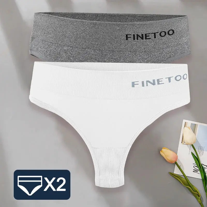 FINETOO two-pack women's thong underwear, white and gray with branded waistbands