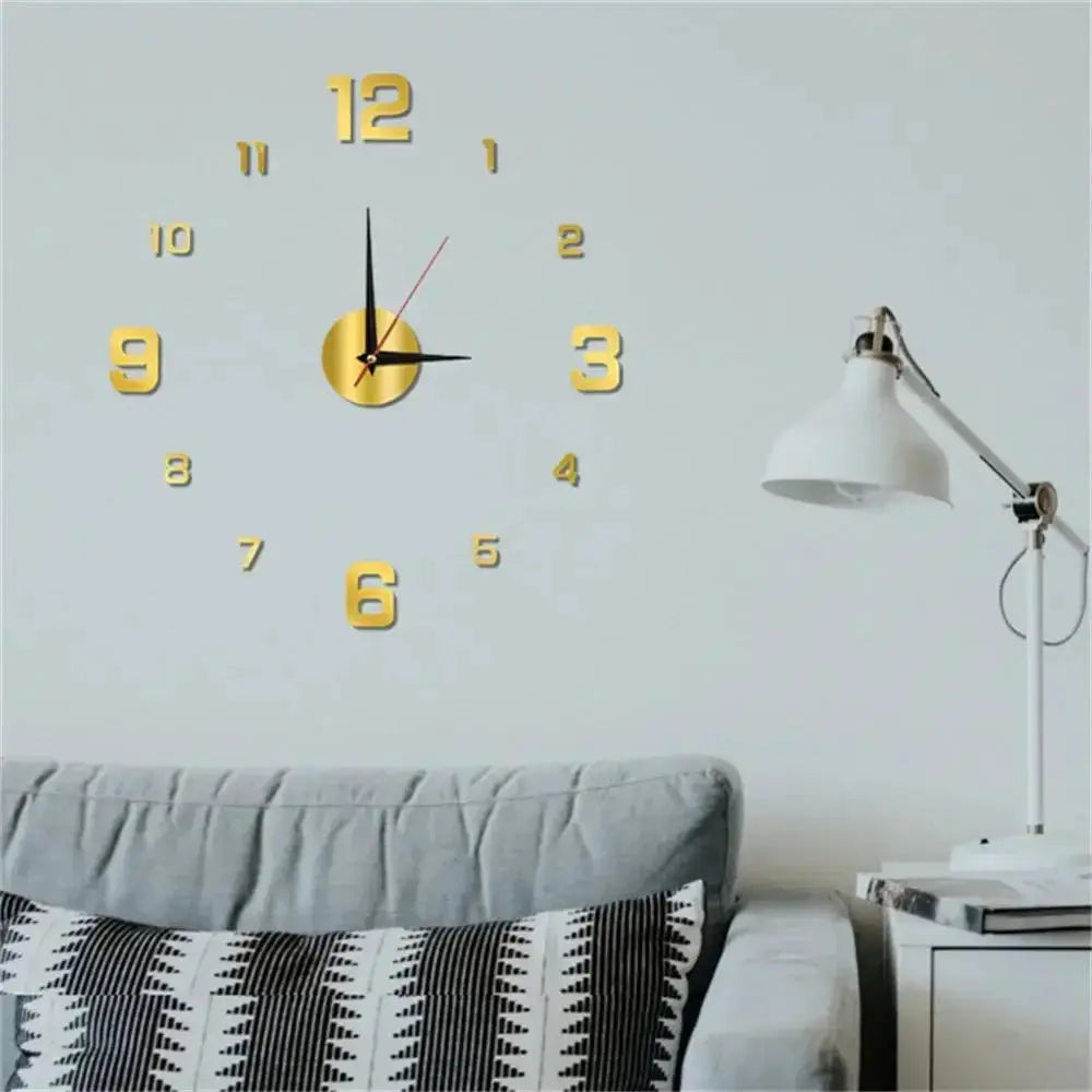 Wall clock with gold 3D numerals, central gold disk, black hands with a red second hand on a light wall