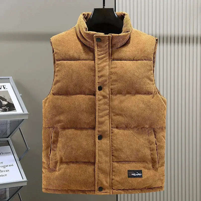 Simples Market men's padded corduroy vest, tan sleeveless winter waistcoat with front pockets