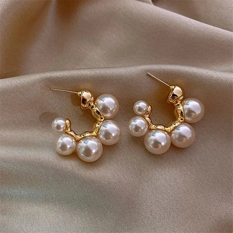 Gold-tone imitation pearl C-shaped drop earrings (pair) for women, luxury bridal jewelry by Simples Market
