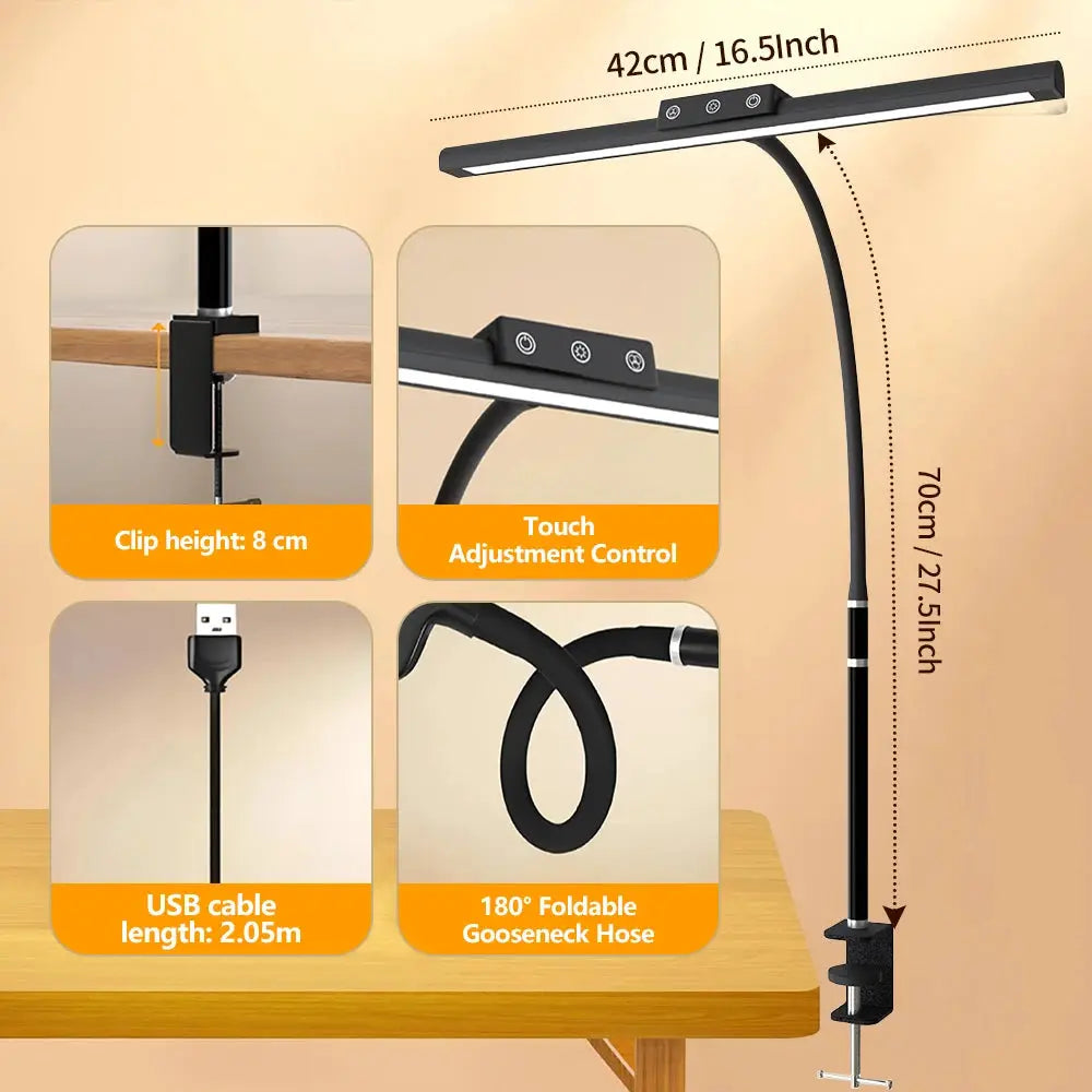 Eye-care LED clip-on desk lamp, black metal with flexible gooseneck, touch control, clamp base, USB cable
